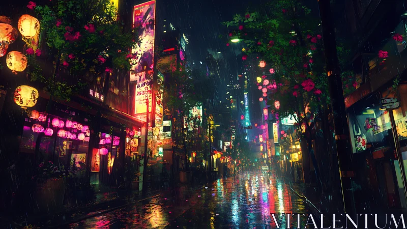 Neon-lit rainy alley renders cyber-noir reflections in depth