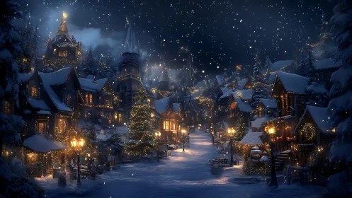 Snowy Christmas village street under warm night lights.