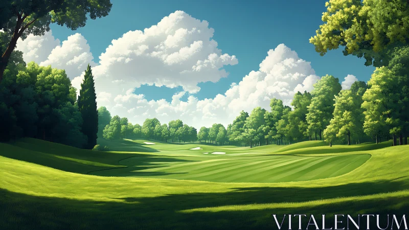 Sunny golf fairway framed by lush trees and soft clouds.