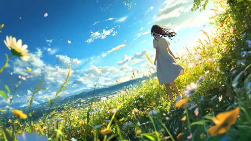 Wind-swept girl in luminous flower field at sunrise.