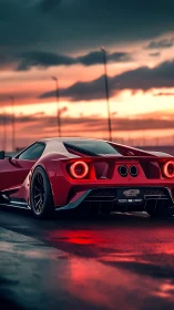 Red mid‑engine supercar rear view on wet asphalt at sunset