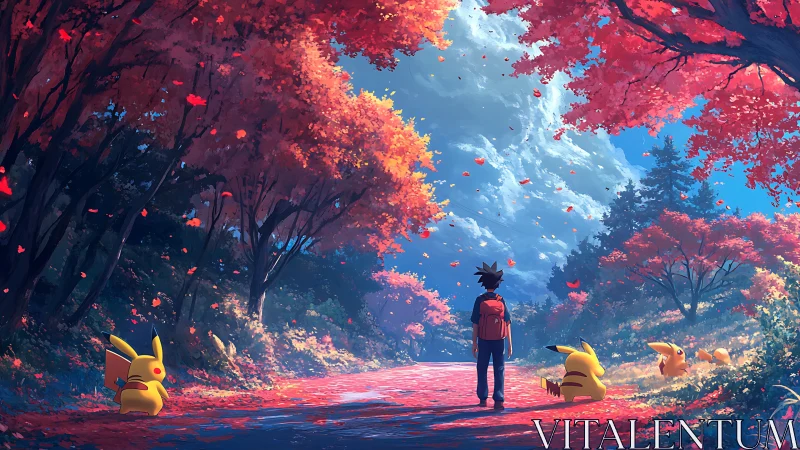 Autumn forest path with trainer and Pikachu under expansive moonlit sky