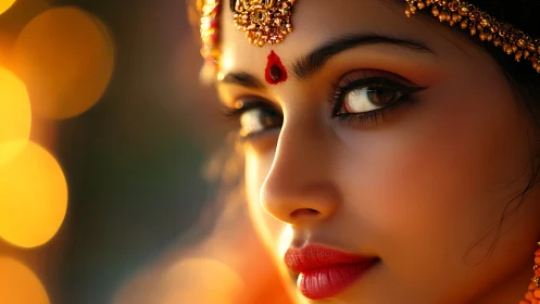 Graceful gaze in golden light with traditional adornment.