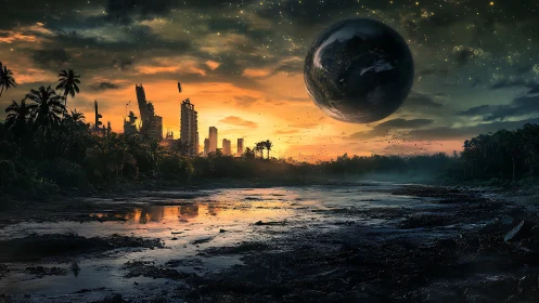Ruined city skyline under looming planet at dusk.