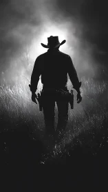 Lone cowboy silhouette walks through foglit prairie night.