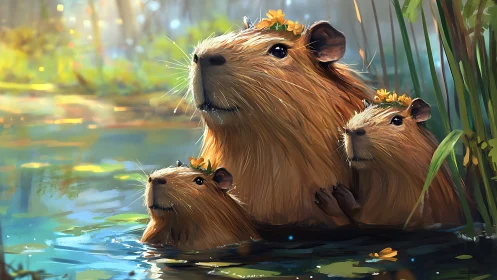 Capybara family rendered in detailed digital wetland lighting study