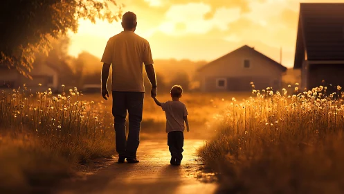 Man and child walking home on warm golden evening street.
