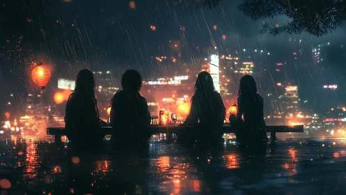 Rain-soaked skyline circle sharing lantern-lit secrets.