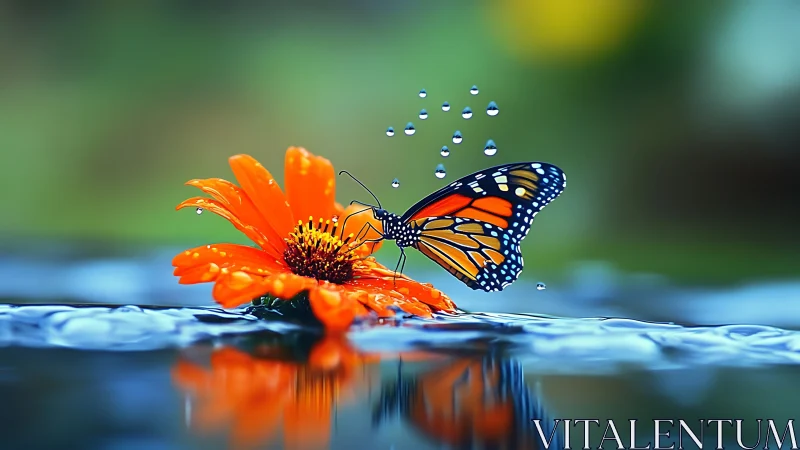 Monarch butterfly on orange flower above reflective water.
