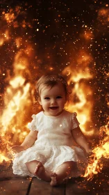 Radiant child smiles amid golden flames and sparks.