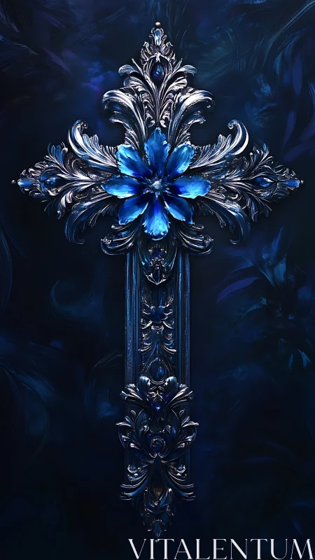 Ornate silver cross holds radiant blue crystal flower
