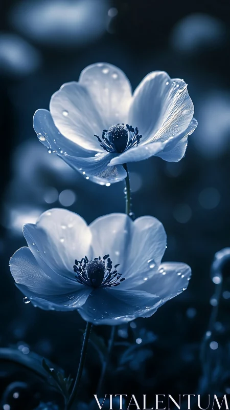 White anemone flowers with water droplets, cool toned botanical study