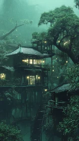 Rain-soaked treehouse retreat glows softly in emerald mist