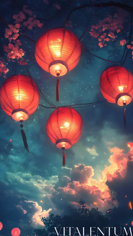 Red paper lanterns glowing over night sky and clouds.