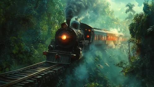 Digital painting of steam train cutting through misty jungle gorge.