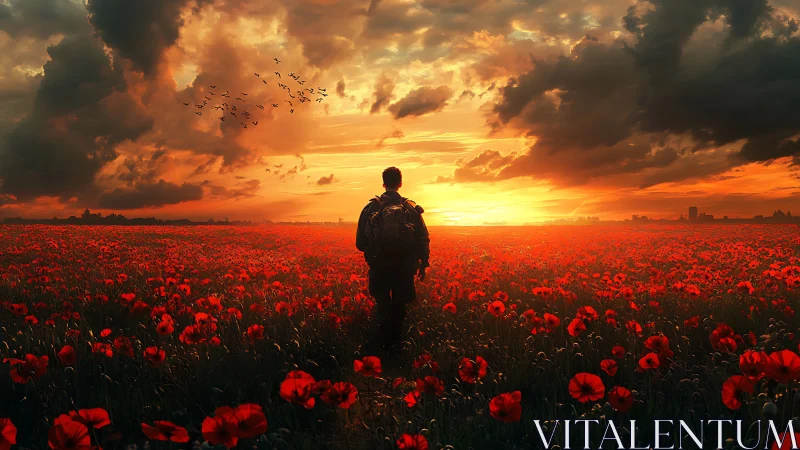 Lone traveler silhouetted in radiant sunset poppy fields.