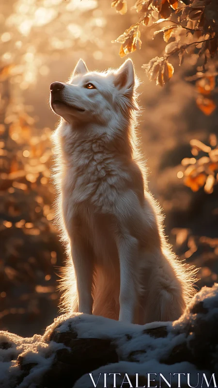 White dog on snowy rocks in warm backlit forest setting.