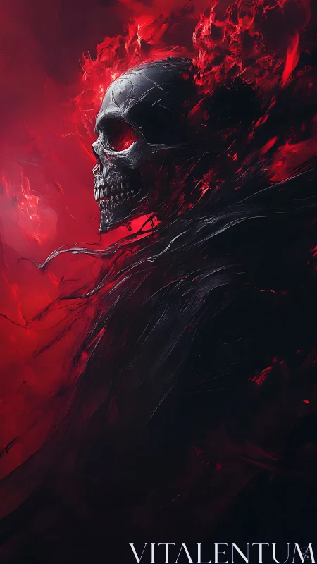 Flaming crimson skull emerging from swirling shadowed void.