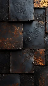 Oxidized metal tiles form a dark modular rusted facade