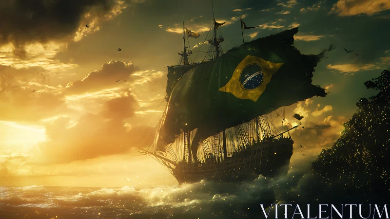 Sailing ship carries large Brazilian flag through sunset storm
