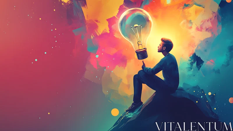 Male figure studies oversized lightbulb amid high-saturation nebula