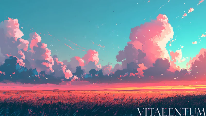 Sunset clouds rise above wide grass field in vivid colors