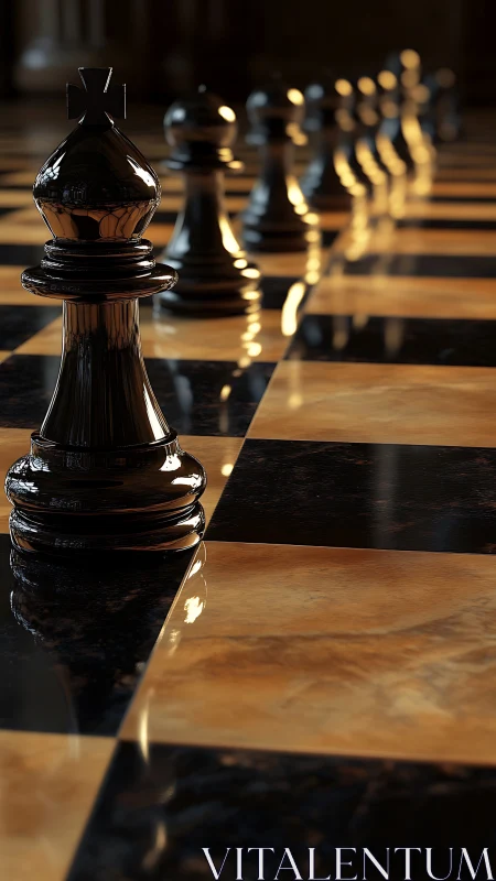 Gleaming black chess king stands ready on a polished board