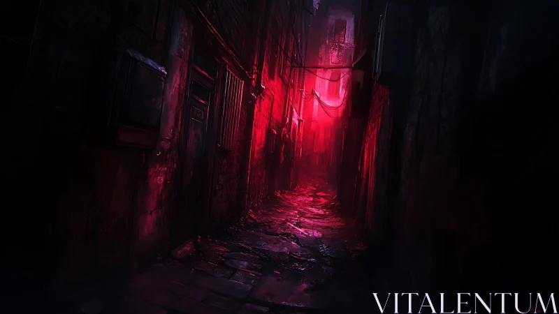 Narrow urban alley is illuminated by intense red backlighting