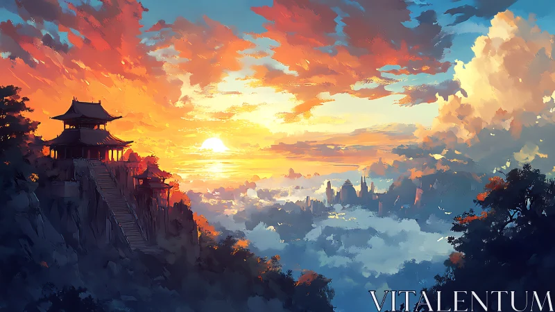 Mountain temple above clouds facing distant valley city.