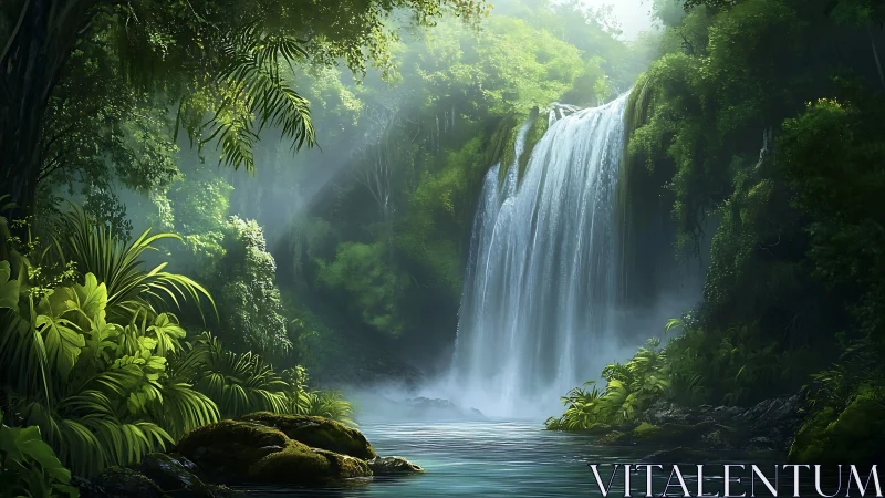 Rainforest waterfall with lush vegetation and misty atmosphere