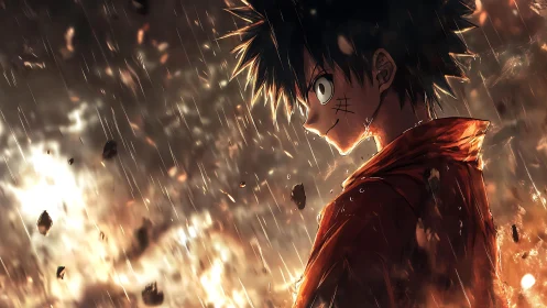 Storm-lit anime warrior smiles through falling embers and rain.