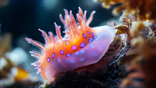 Glow-bright sea slug drifting through a tiny coral kingdom.