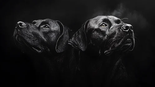 Black Labrador portrait with two dogs on dark background.