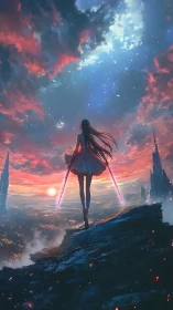 Celestial warrior girl on cliff at sunset with twin energy blades