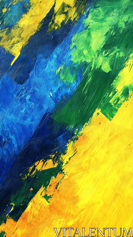 Bold abstract brushstrokes in blue, green, and yellow palette.