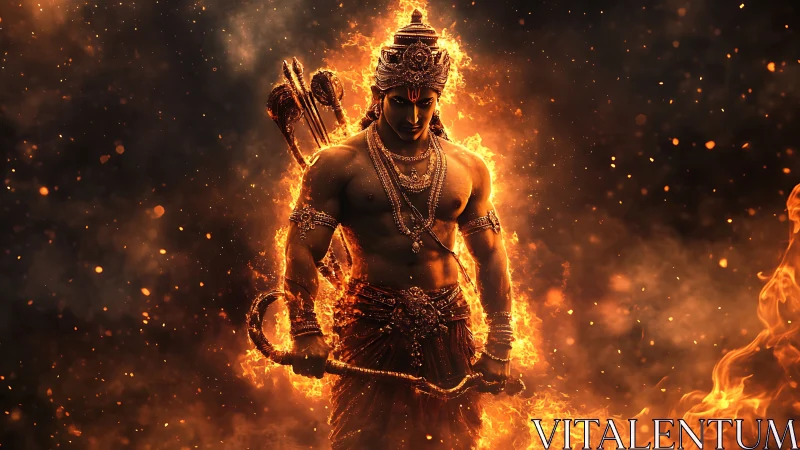 Fire-lit warrior deity in ornate armor with bow and whip.