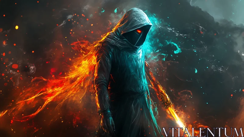 Hooded digital figure stands amid contrasting fire and smoke