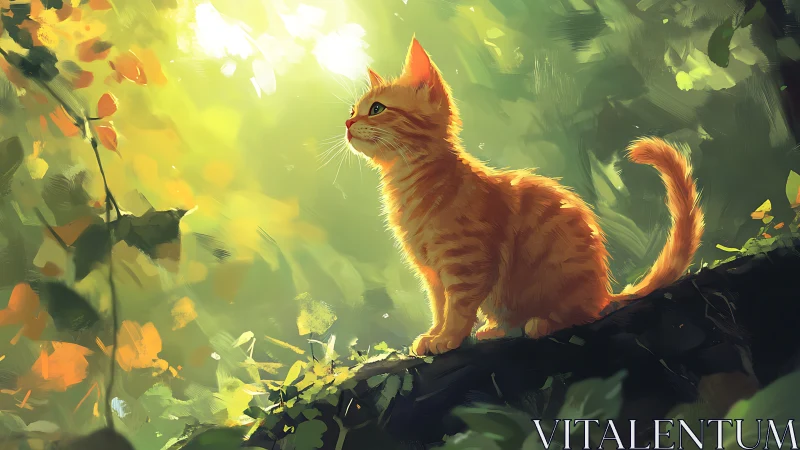 Orange kitten sits on mossy branch in bright forest light