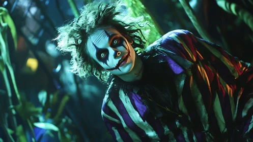 Portrait shows costumed figure with striped jacket and smeared makeup