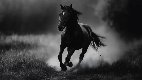 Black horse running through misty field at twilight.