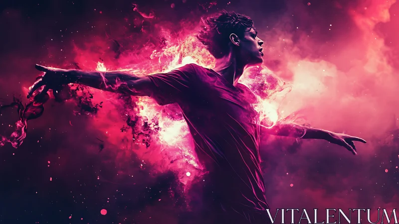 Dynamic dancer erupts through vivid magenta cosmic burst