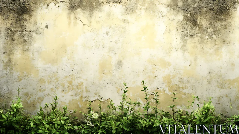 Weathered plaster wall with green plants along base edge.