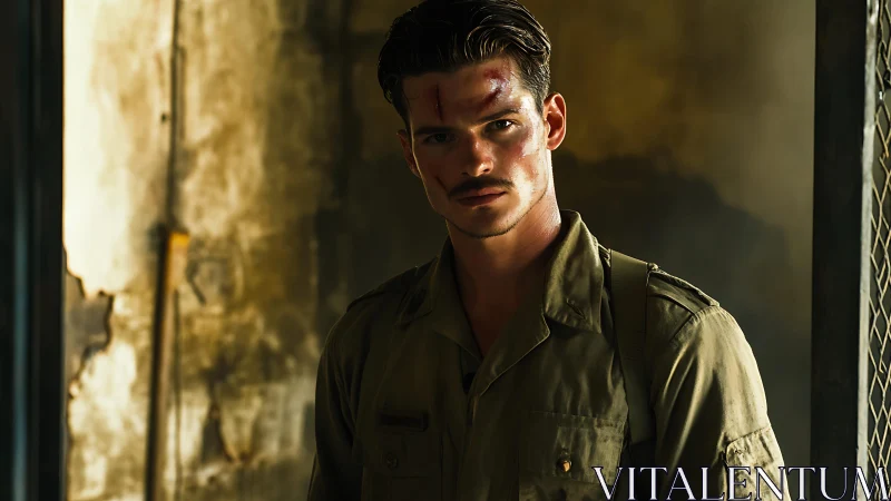 Battle-scarred soldier in molten light of ruined corridor.