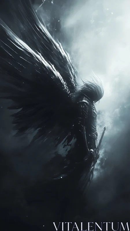 Shadow-winged fallen angel draped in stormlit silver gloom.