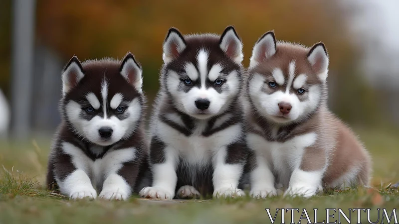 Trio of husky puppies sharing sweet autumn-side cuddles.