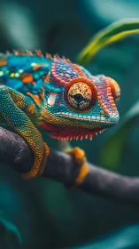 Prismatic jungle chameleon clings to a branch in neon quiet.