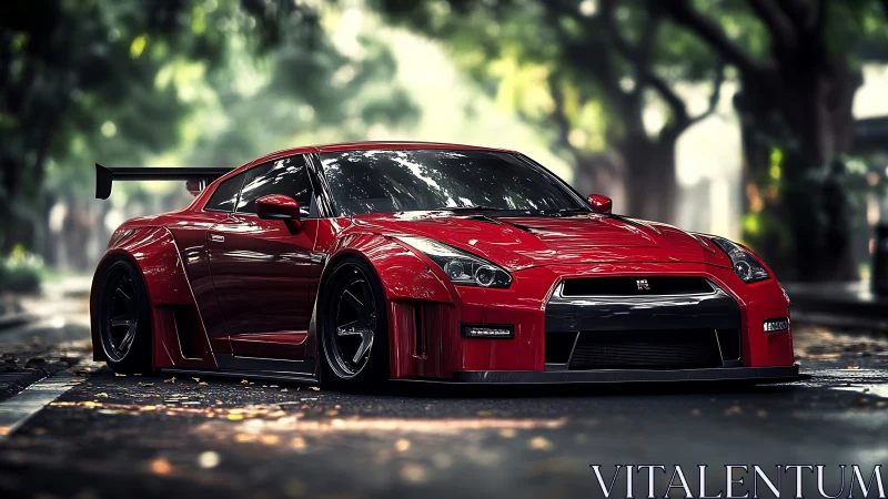 Crimson street racer prowls beneath tree shadow canopies.