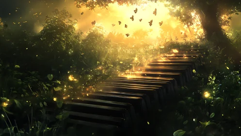 Sunlit forest piano path glows with drifting butterflies