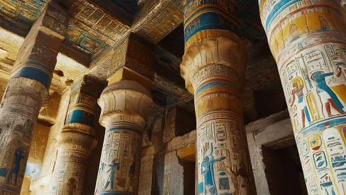 Sunlit hieroglyph forests of painted Egyptian stone columns.