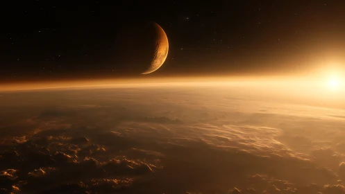 Cinematic 3D exoplanet sunrise with crescent moon horizon study.